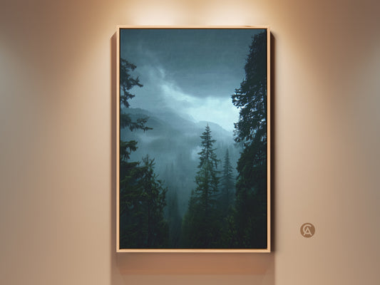 Framed pine tree forest artwork in a rustic bedroom setting. The misty mountains canvas print adds a serene nature landscape to the space. The deep green hues create a calming effect. This housewarming gift idea brings tranquility to any room.