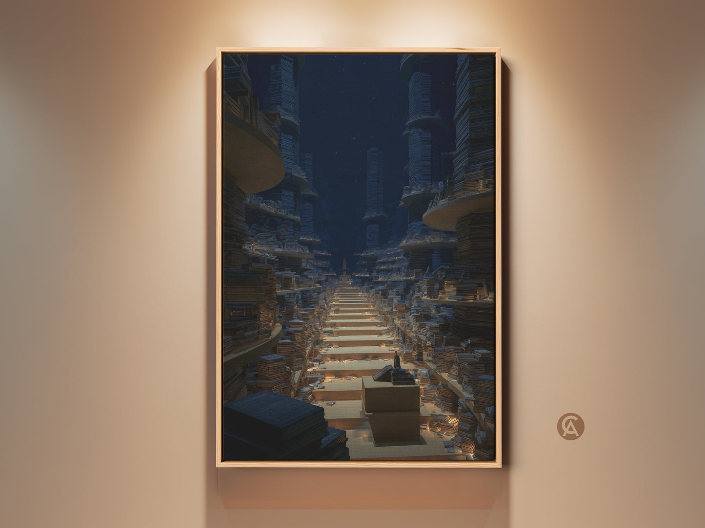 Framed fantasy library art print displayed on a wall. This surreal bookshelf wall decor features blue and gold tones. It's an architecture artwork that adds an intellectual flair to any study or office space. A unique gift for book lovers and scholars seeking inspiration.