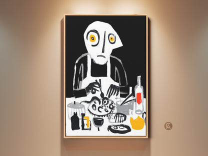 An Abstract Expressionist art print features a chef at work. The artwork uses bold brushstrokes. Black white gray art with pops of yellow and red enhance this surreal cooking scene. An eclectic touch for kitchen or dining wall decor. A unique gift idea for foodies.
