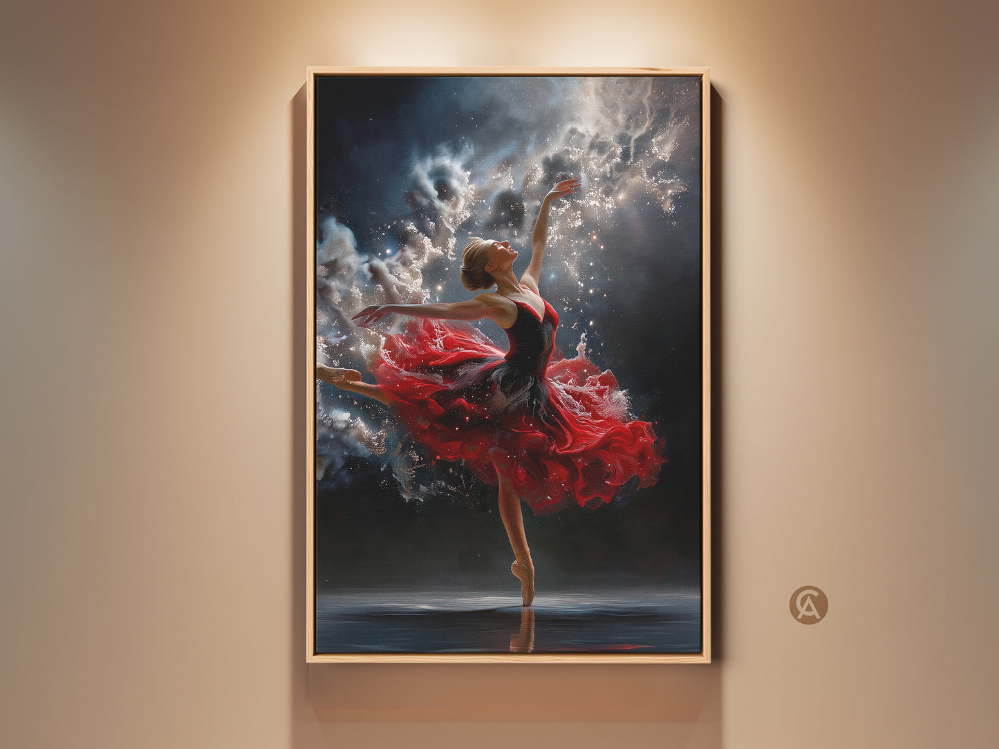 Fine art of a ballerina dancing. Her red dress flows with the motion. The artwork features a night sky background with sparkling light. This framed canvas art adds elegance to any room.