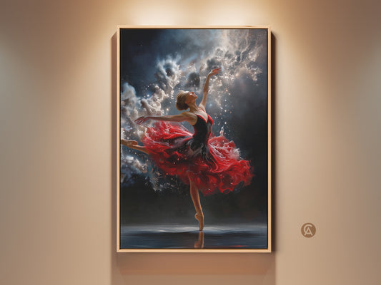 Fine art of a ballerina dancing. Her red dress flows with the motion. The artwork features a night sky background with sparkling light. This framed canvas art adds elegance to any room.
