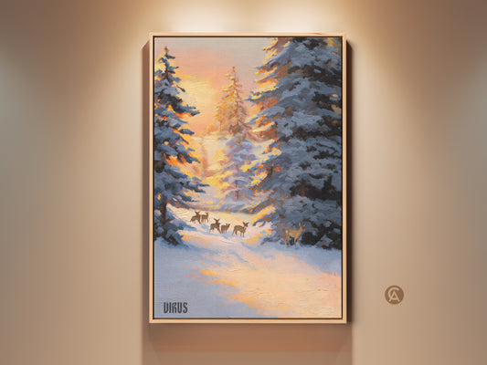 Rustic winter landscape canvas art featuring deer in a snowy forest. This nature wildlife home decor showcases a blue and orange palette. This peaceful forest scene art is perfect for cozy bedroom wall art. It is a striking animal art print for a living room offering a tranquil wildlife in winter artwork.