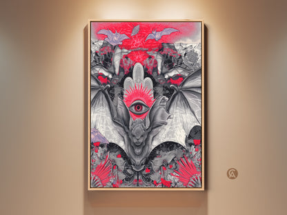 Gothic Bat surreal third eye canvas in a wooden frame. This dark artwork features red black and white accents. Perfect eclectic wall decor for an office or study room a unique Halloween goth gift.