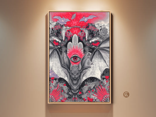 Gothic Bat surreal third eye canvas in a wooden frame. This dark artwork features red black and white accents. Perfect eclectic wall decor for an office or study room a unique Halloween goth gift.