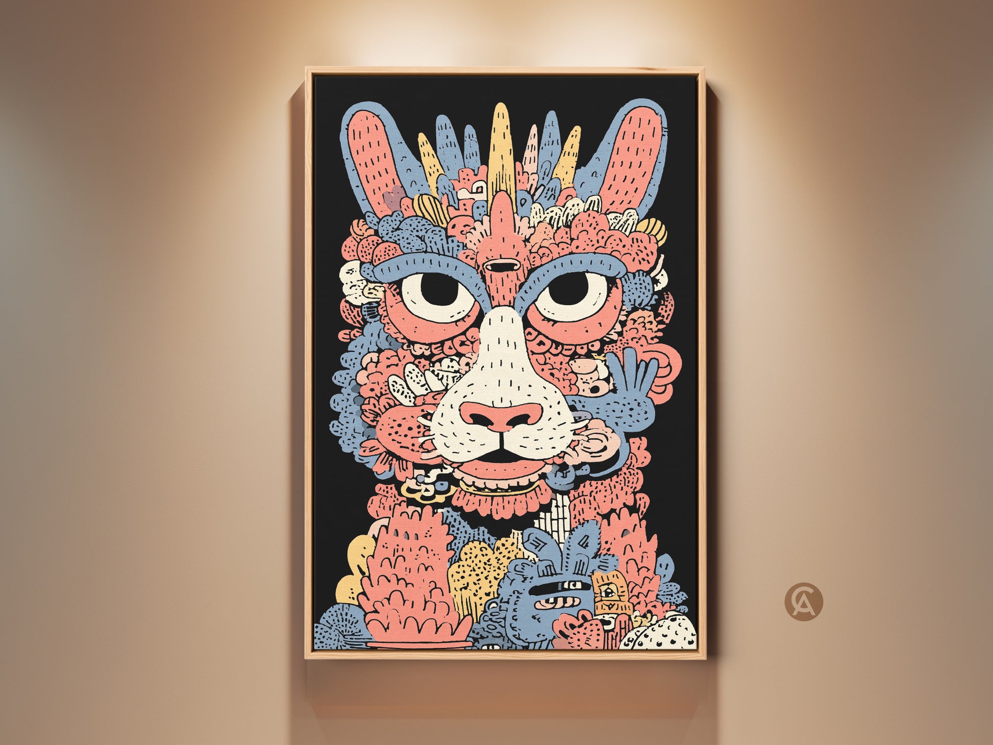 Framed whimsical cat monster art print. This abstract doodle is in coral yellow and blue. The eclectic animal canvas is a unique gift idea. This wall art adds character to any room. Perfect for cat lovers and abstract art enthusiasts.