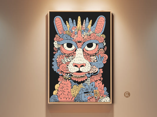 Framed whimsical cat monster art print. This abstract doodle is in coral yellow and blue. The eclectic animal canvas is a unique gift idea. This wall art adds character to any room. Perfect for cat lovers and abstract art enthusiasts.