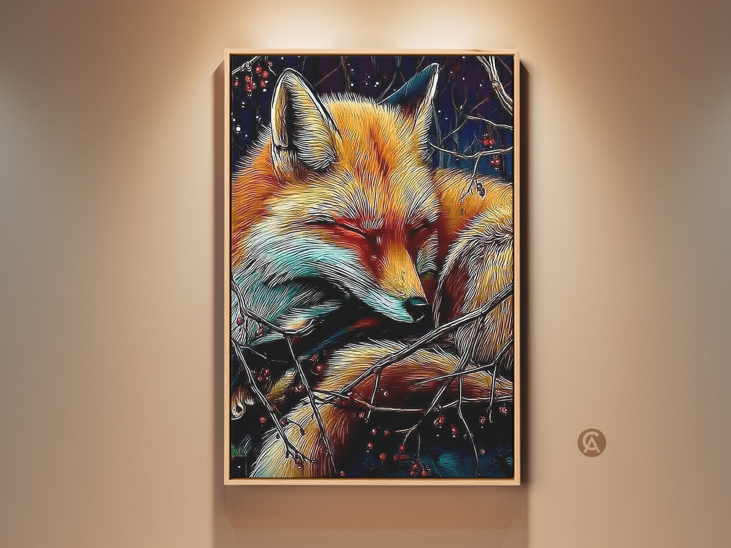 A sleeping fox canvas artwork is displayed in a wooden frame. This cozy animal art print features a rich gold and teal color palette. The Eclectic Nature Home art adds charm to any room. It is a great gift for nature lovers. Get this sleeping fox berry art today.
