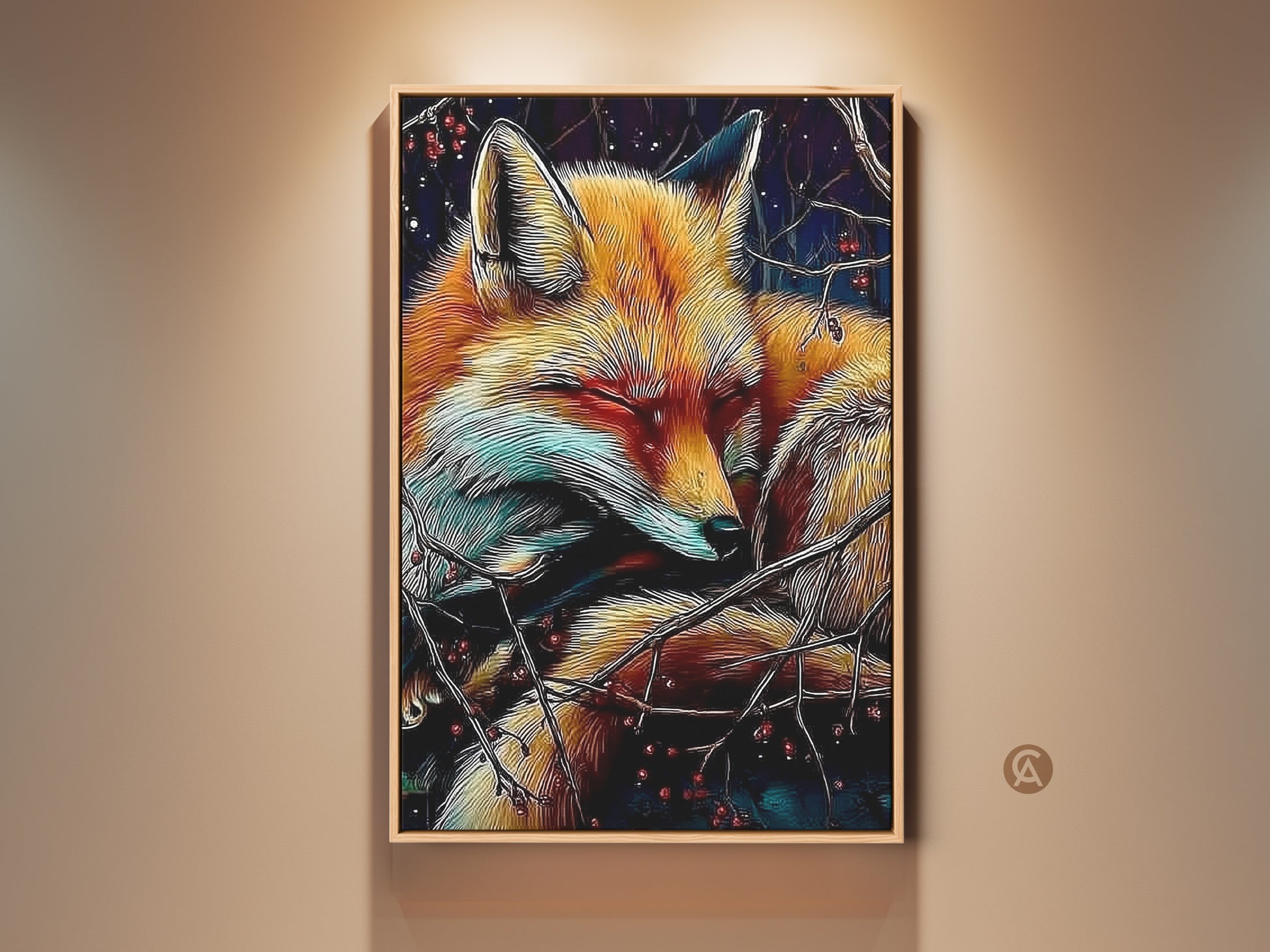 A sleeping fox canvas artwork is displayed in a wooden frame. This cozy animal art print features a rich gold and teal color palette. The Eclectic Nature Home art adds charm to any room. It is a great gift for nature lovers. Get this sleeping fox berry art today.