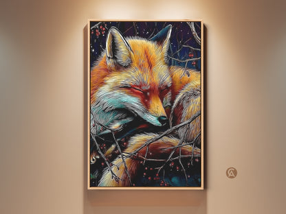 A sleeping fox canvas artwork is displayed in a wooden frame. This cozy animal art print features a rich gold and teal color palette. The Eclectic Nature Home art adds charm to any room. It is a great gift for nature lovers. Get this sleeping fox berry art today.