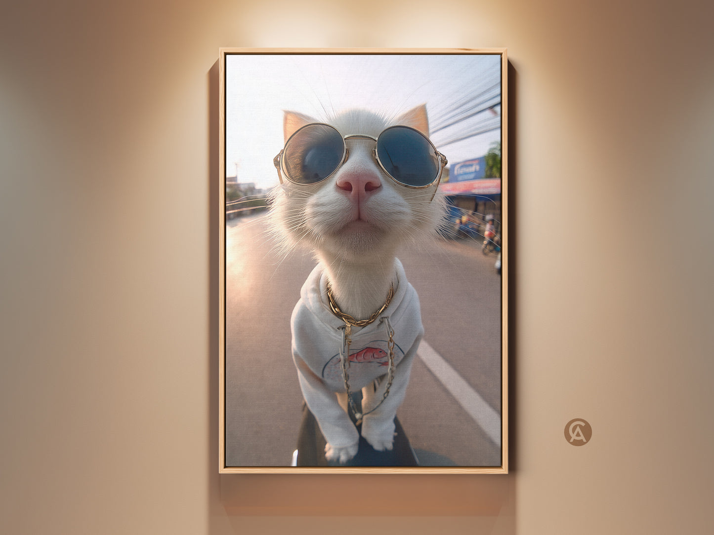 Framed art of a white cat wearing stylish sunglasses and a hoodie. The feline fashionista sports a gold chain. This unique artwork is perfect for cat lovers. The canvas art is ready to hang adding a touch of cool to any room. A fun piece for modern decor.