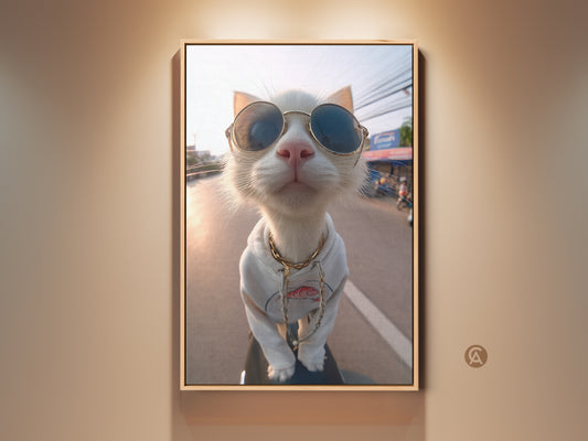 Framed art of a white cat wearing stylish sunglasses and a hoodie. The feline fashionista sports a gold chain. This unique artwork is perfect for cat lovers. The canvas art is ready to hang adding a touch of cool to any room. A fun piece for modern decor.