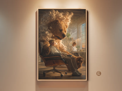 Golden brown surreal bear man art print on a wall. The anthropomorphic bear artwork is ideal for eclectic home decor. A man sits in a chair with the head of a bear towering behind him. This office art enhances any study or creative space.