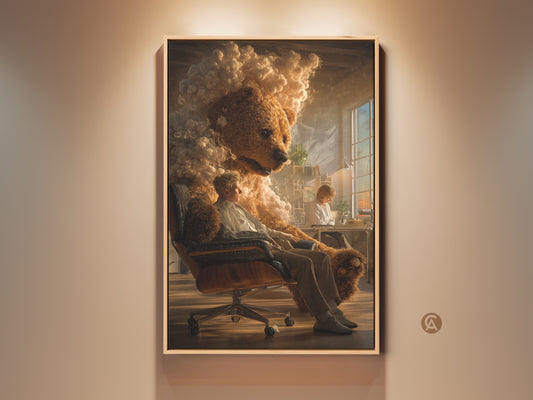 Golden brown surreal bear man art print on a wall. The anthropomorphic bear artwork is ideal for eclectic home decor. A man sits in a chair with the head of a bear towering behind him. This office art enhances any study or creative space.