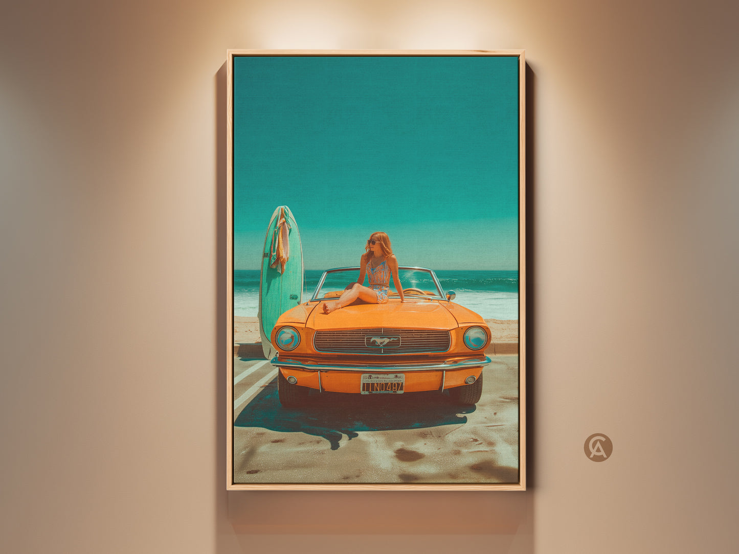 Framed canvas art featuring a vintage orange Mustang parked by the beach. A woman sits on the hood next to a surfboard. This retro-style artwork brings a summer vibe to any room. Perfect for car enthusiasts and beach lovers. Add a touch of nostalgia to your home decor with this framed canvas print.