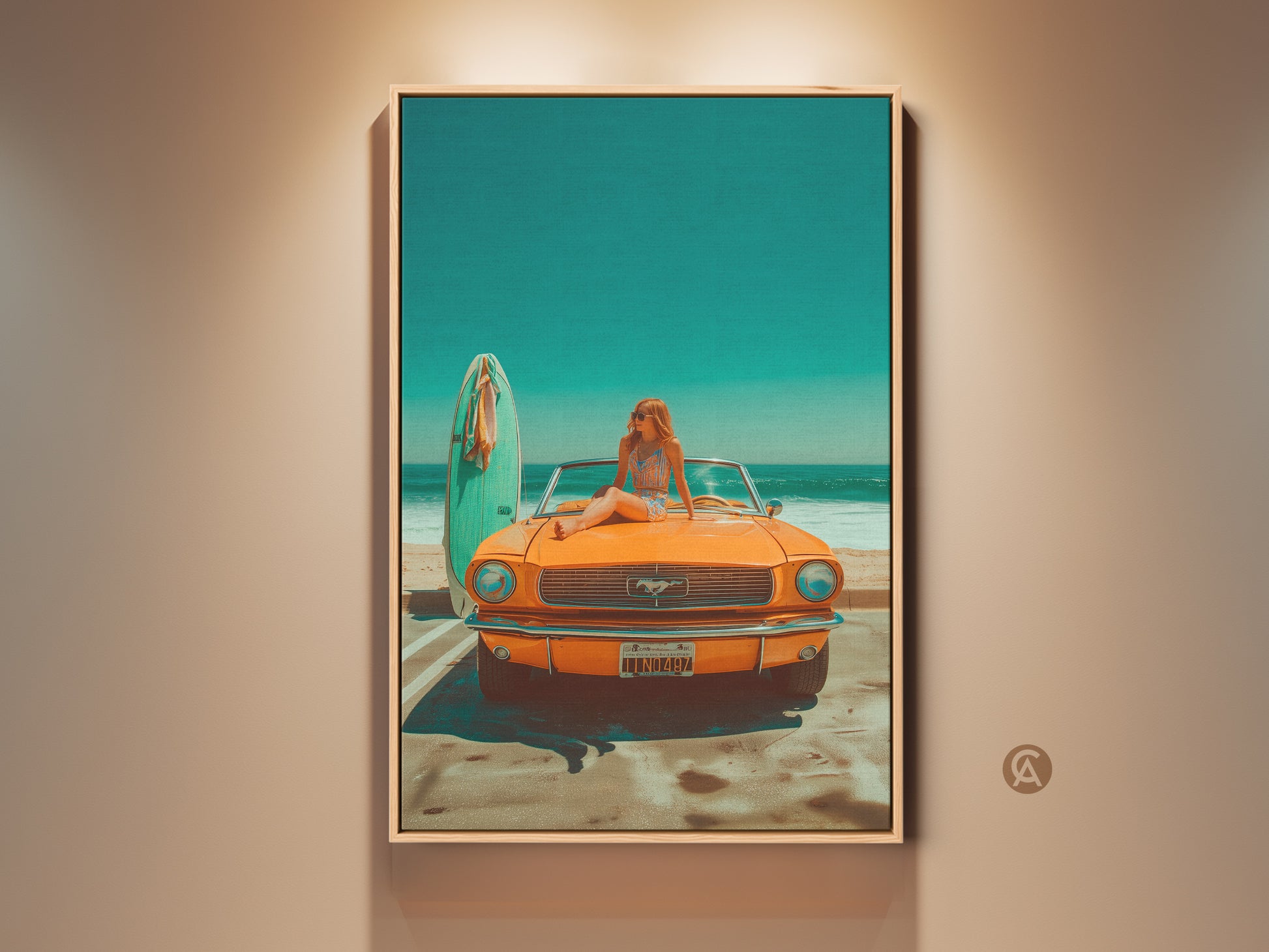 Framed canvas art featuring a vintage orange Mustang parked by the beach. A woman sits on the hood next to a surfboard. This retro-style artwork brings a summer vibe to any room. Perfect for car enthusiasts and beach lovers. Add a touch of nostalgia to your home decor with this framed canvas print.