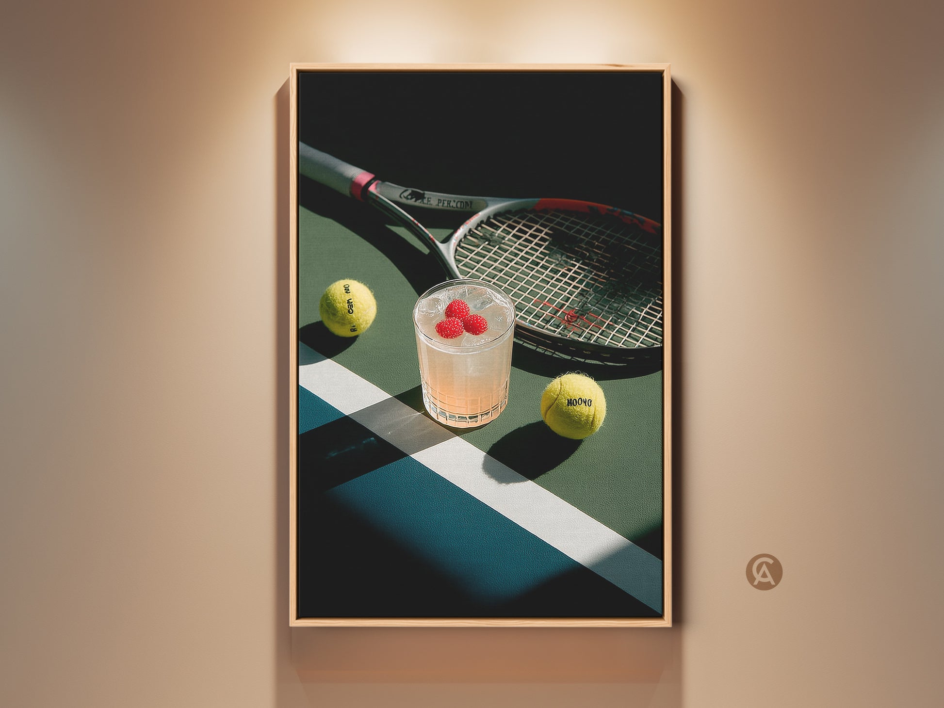 Framed artwork of a tennis court scene. A refreshing cocktail tennis balls and a racket are featured. This unique artwork is perfect for tennis enthusiasts and adds a sporty touch to any room.