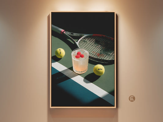 Framed artwork of a tennis court scene. A refreshing cocktail tennis balls and a racket are featured. This unique artwork is perfect for tennis enthusiasts and adds a sporty touch to any room.