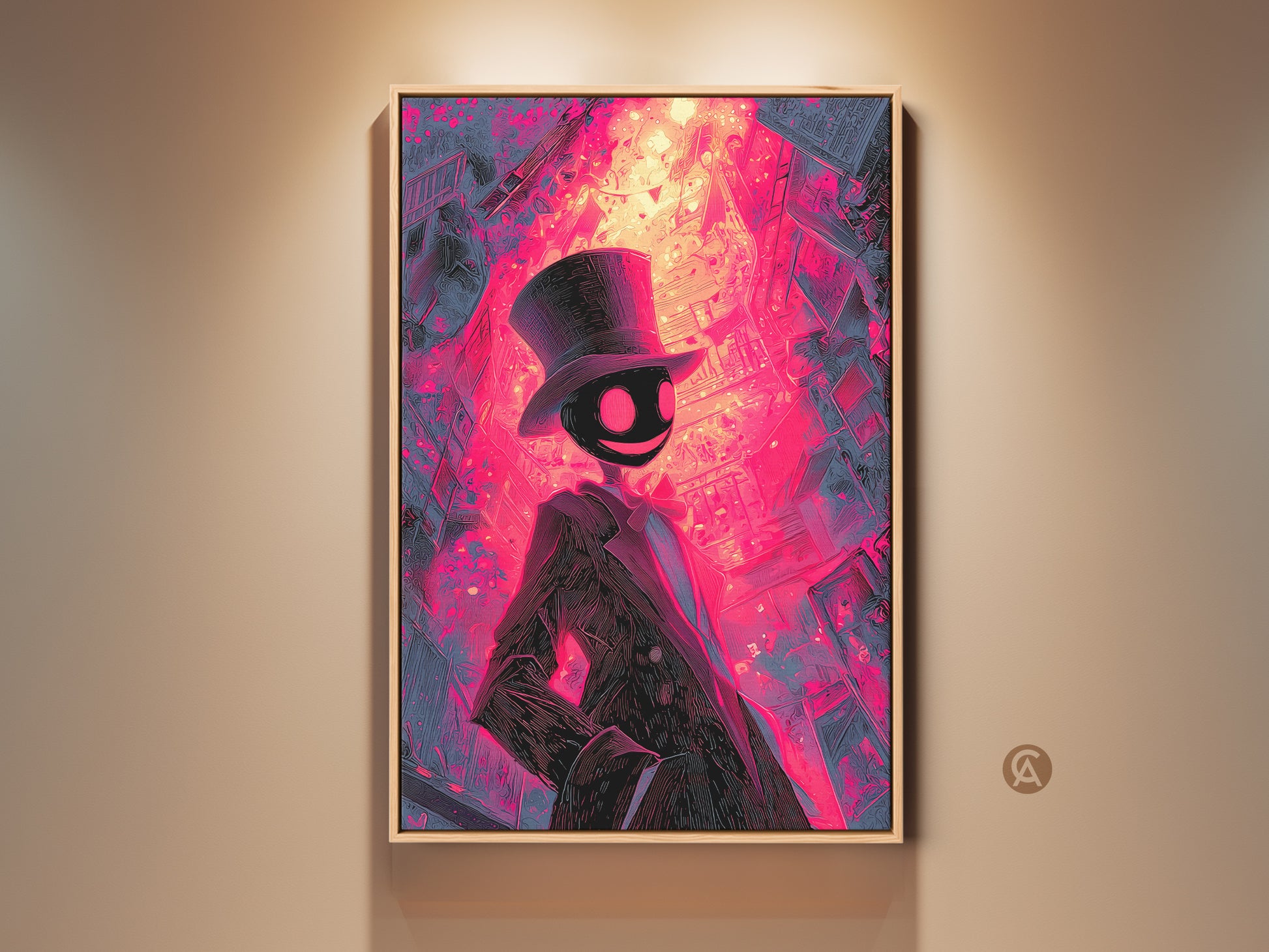 Framed artwork featuring a shadowy figure in a top hat. The art is set against a bright pink and purple cityscape. This framed artwork adds an edgy touch to any room. Order yours today for a striking statement piece.