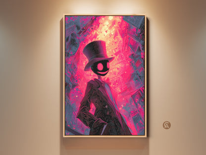 Framed artwork featuring a shadowy figure in a top hat. The art is set against a bright pink and purple cityscape. This framed artwork adds an edgy touch to any room. Order yours today for a striking statement piece.