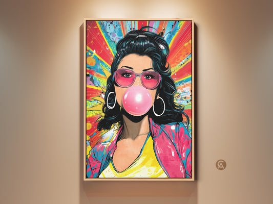 Retro pop art canvas featuring a woman blowing bubble gum. This vibrant artwork has hot pink yellow and teal tones. Perfect as eclectic wall decor or a teen girl gift. The playful pop art adds a fun retro touch to any room. A unique statement piece with a 90s aesthetic.