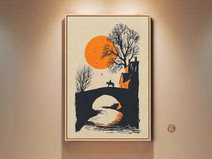 Minimalist horse rider bridge canvas art for modern farmhouse decor. Sunset landscape wall artwork in orange and black. The silhouette creates a captivating scene with water reflections. Perfect as a unique travel themed housewarming gift or for adding a touch of rustic charm to any bedroom or office. A scenic equestrian wall hanging.