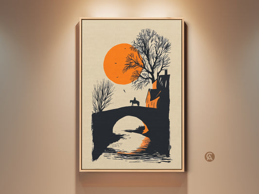 Minimalist horse rider bridge canvas art for modern farmhouse decor. Sunset landscape wall artwork in orange and black. The silhouette creates a captivating scene with water reflections. Perfect as a unique travel themed housewarming gift or for adding a touch of rustic charm to any bedroom or office. A scenic equestrian wall hanging.