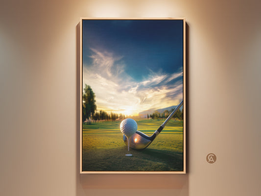 Framed golf course art. A golf ball sits on the green next to a club. The sun sets in the background casting a warm glow. Displayed in a wood frame enhancing the artwork.