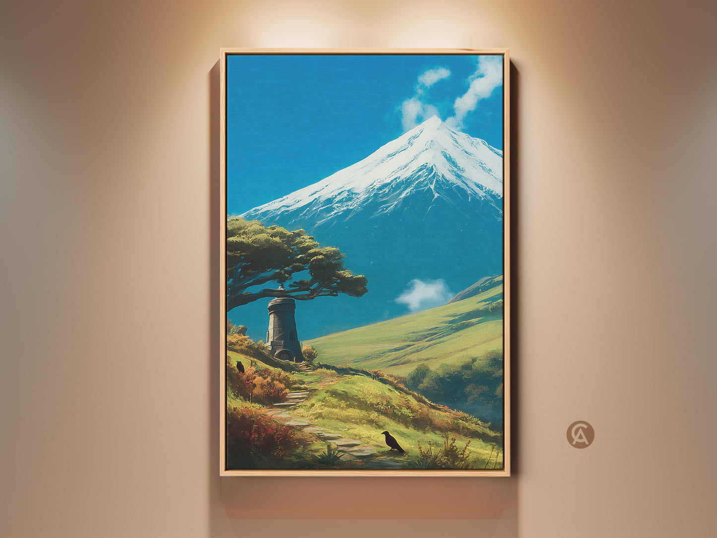 Framed Mountain & Lighthouse art print. This scenic nature landscape canvas adds beauty to any room. It's a travel gift idea. The blue white and green colors create a serene wall decor piece. A perfect housewarming gift.