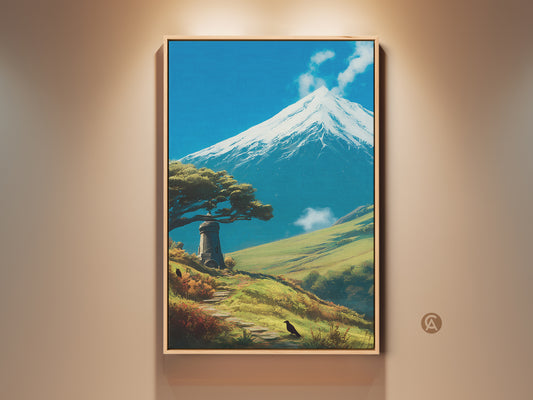 Framed Mountain & Lighthouse art print. This scenic nature landscape canvas adds beauty to any room. It's a travel gift idea. The blue white and green colors create a serene wall decor piece. A perfect housewarming gift.