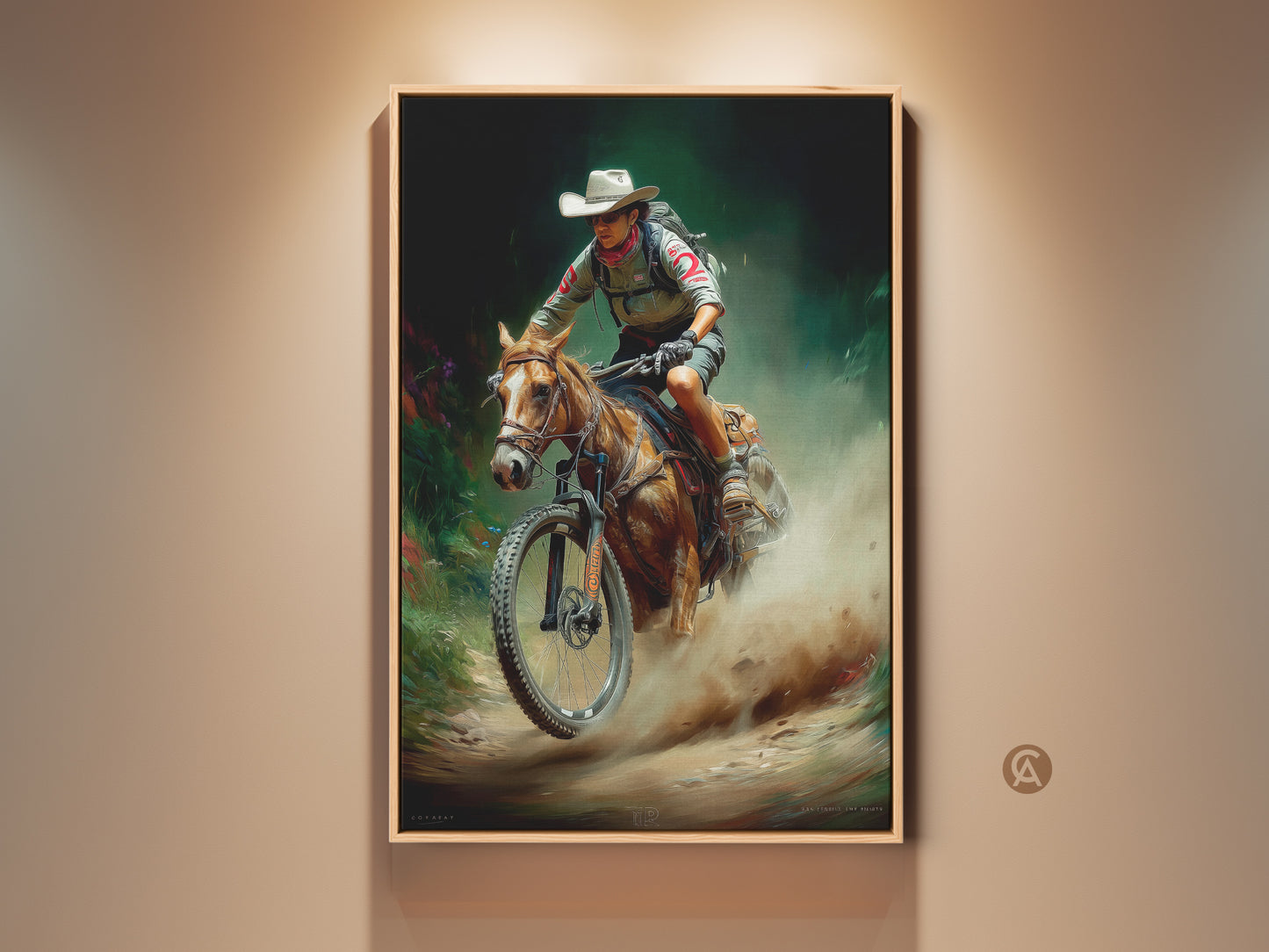Rustic cowboy art print showcasing a horse rider with a mountain bike. This outdoor adventure digital painting is ideal for entryway wall decor. The dusty trail & earthy tones capture a unique blend of western and cycling themes perfect for any adventure lover's home. This artwork is great for adding rustic charm.