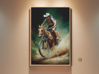 Rustic cowboy art print showcasing a horse rider with a mountain bike. This outdoor adventure digital painting is ideal for entryway wall decor. The dusty trail & earthy tones capture a unique blend of western and cycling themes perfect for any adventure lover's home. This artwork is great for adding rustic charm.