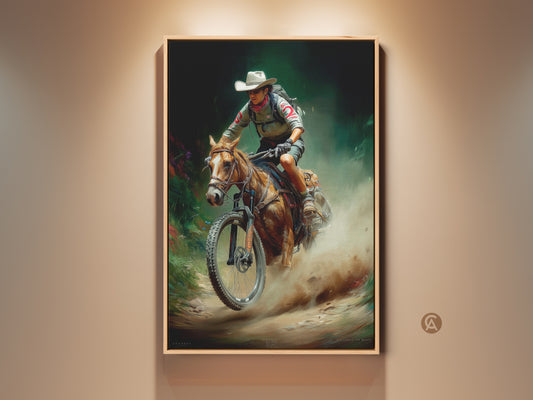 Rustic cowboy art print showcasing a horse rider with a mountain bike. This outdoor adventure digital painting is ideal for entryway wall decor. The dusty trail & earthy tones capture a unique blend of western and cycling themes perfect for any adventure lover's home. This artwork is great for adding rustic charm.