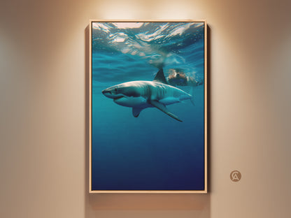 Underwater Great White Shark art print in a wood frame. The ocean wildlife photography captures the raw beauty of the apex predator. Perfect blue home decor for ocean enthusiasts. Add a contemporary touch to any space with this powerful marine life canvas wall art.