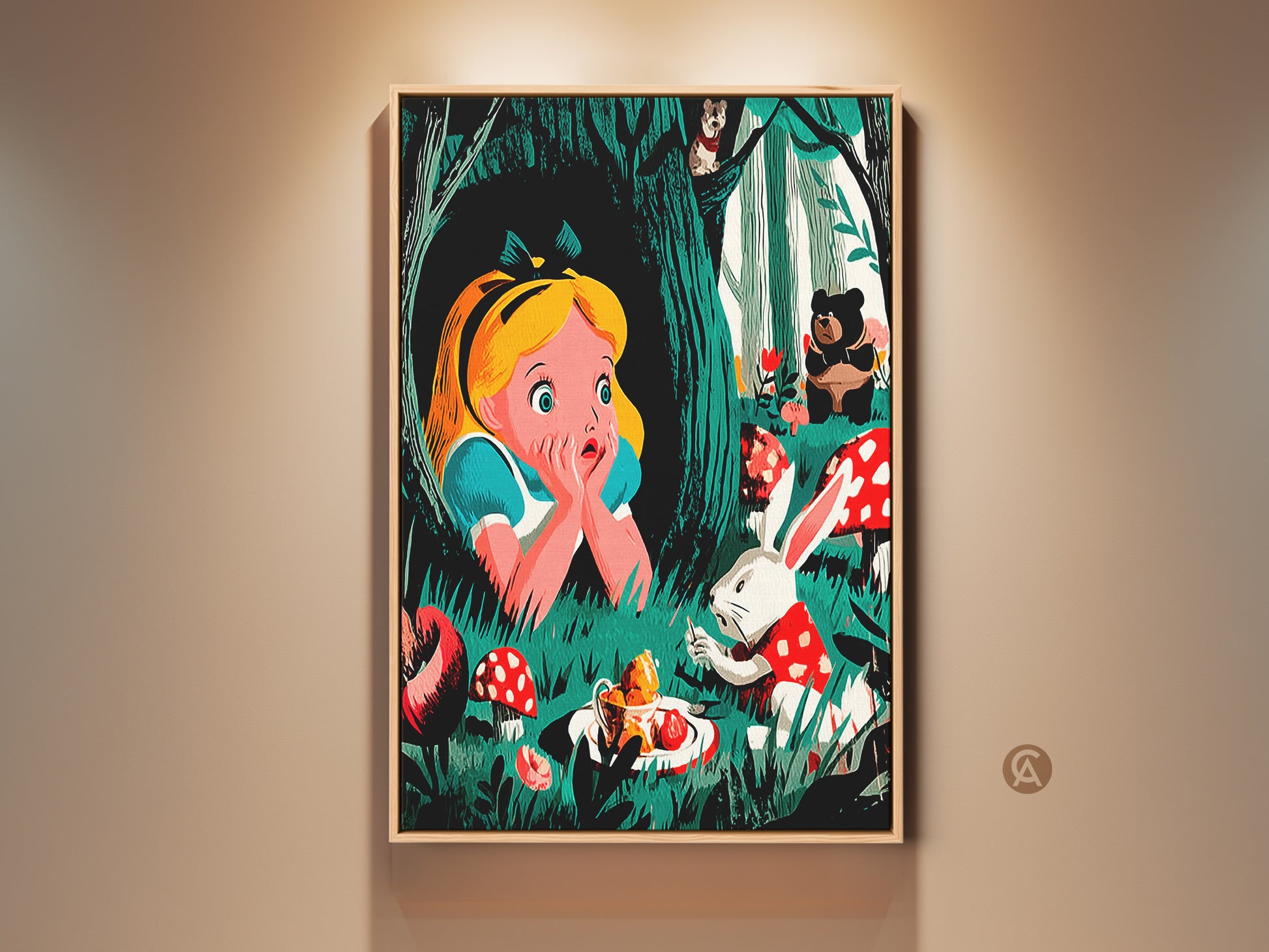 A captivating Alice in Wonderland art print is displayed. It features Alice White Rabbit and a bear in an emerald orange and teal forest. This retro fantasy storybook canvas art is perfect for a kids room wall. It adds whimsical animal art to any home as eclectic decor