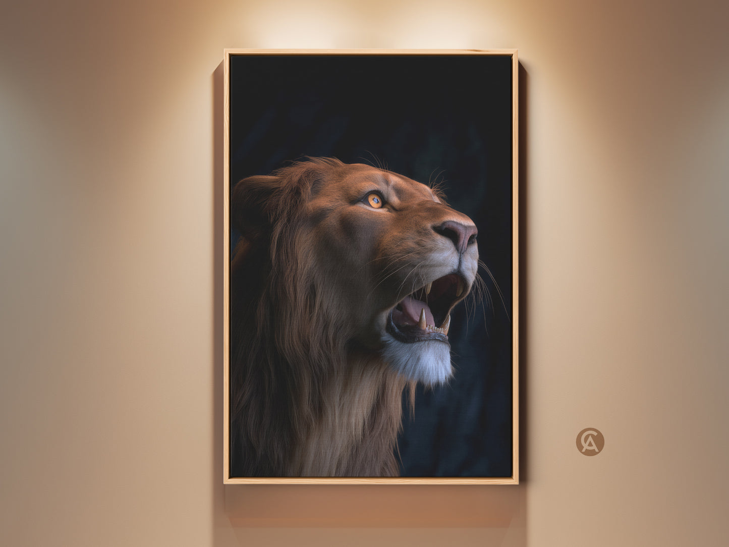 Framed photorealistic lion canvas artwork. This wildlife animal art is a perfect eclectic home accent. The orange and yellow tones bring warmth. This roaring lion poster adds a majestic touch to any room. This is ideal nature wildlife decor for lion lovers.