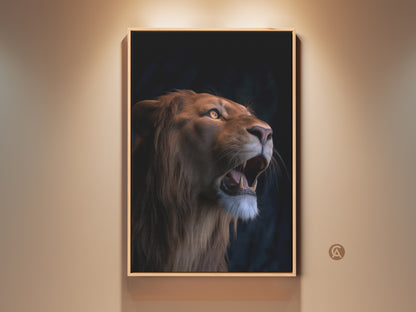 Framed photorealistic lion canvas artwork. This wildlife animal art is a perfect eclectic home accent. The orange and yellow tones bring warmth. This roaring lion poster adds a majestic touch to any room. This is ideal nature wildlife decor for lion lovers.