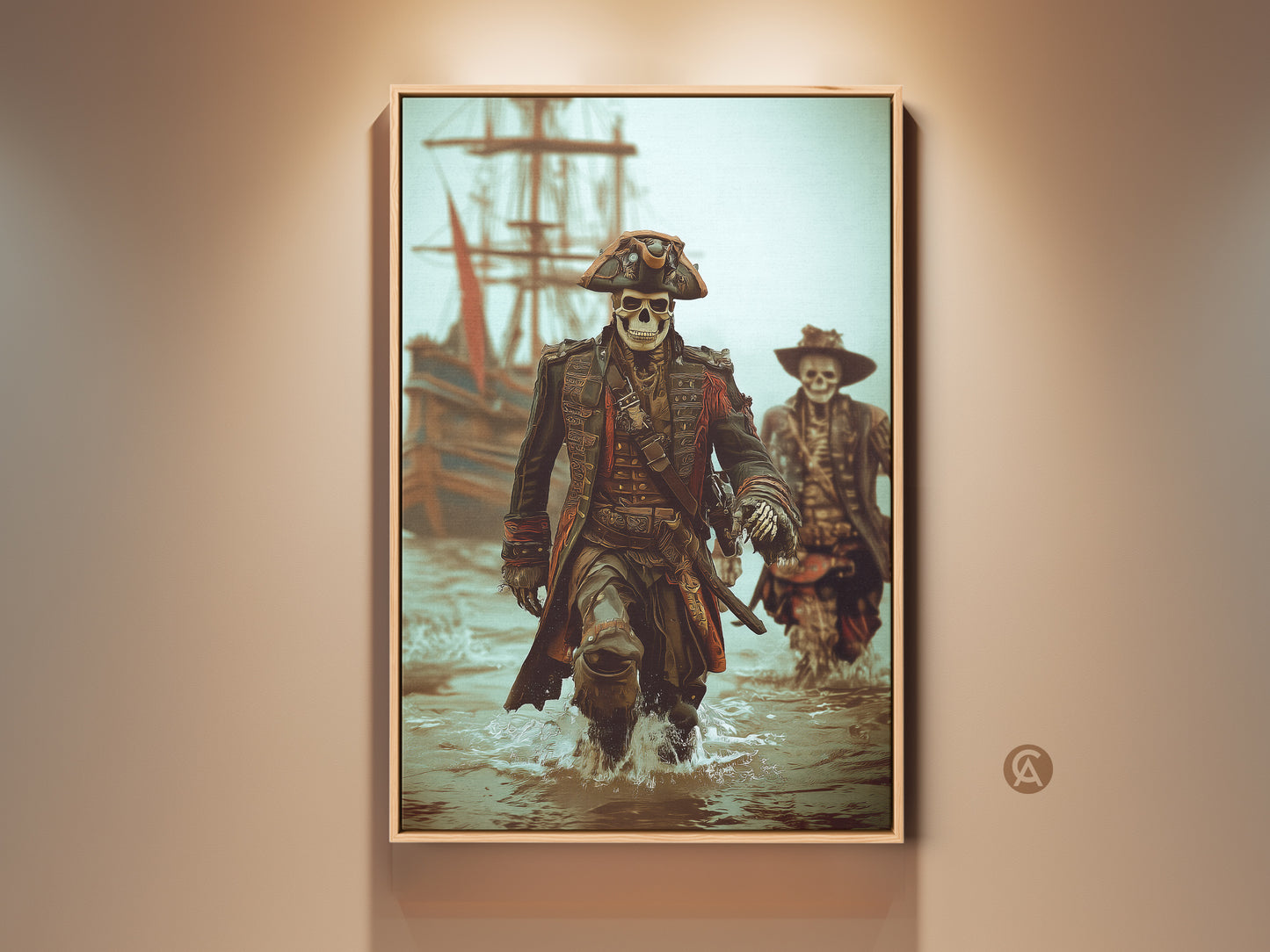 Framed Dark Brown Teal Skeleton Pirate Captain Art Print. This gothic nautical fantasy wall art is perfect for a man cave. It is also a great Halloween gift poster. The artwork features a skeleton pirate captain leading his crew ashore in a palette of dark brown black and teal.