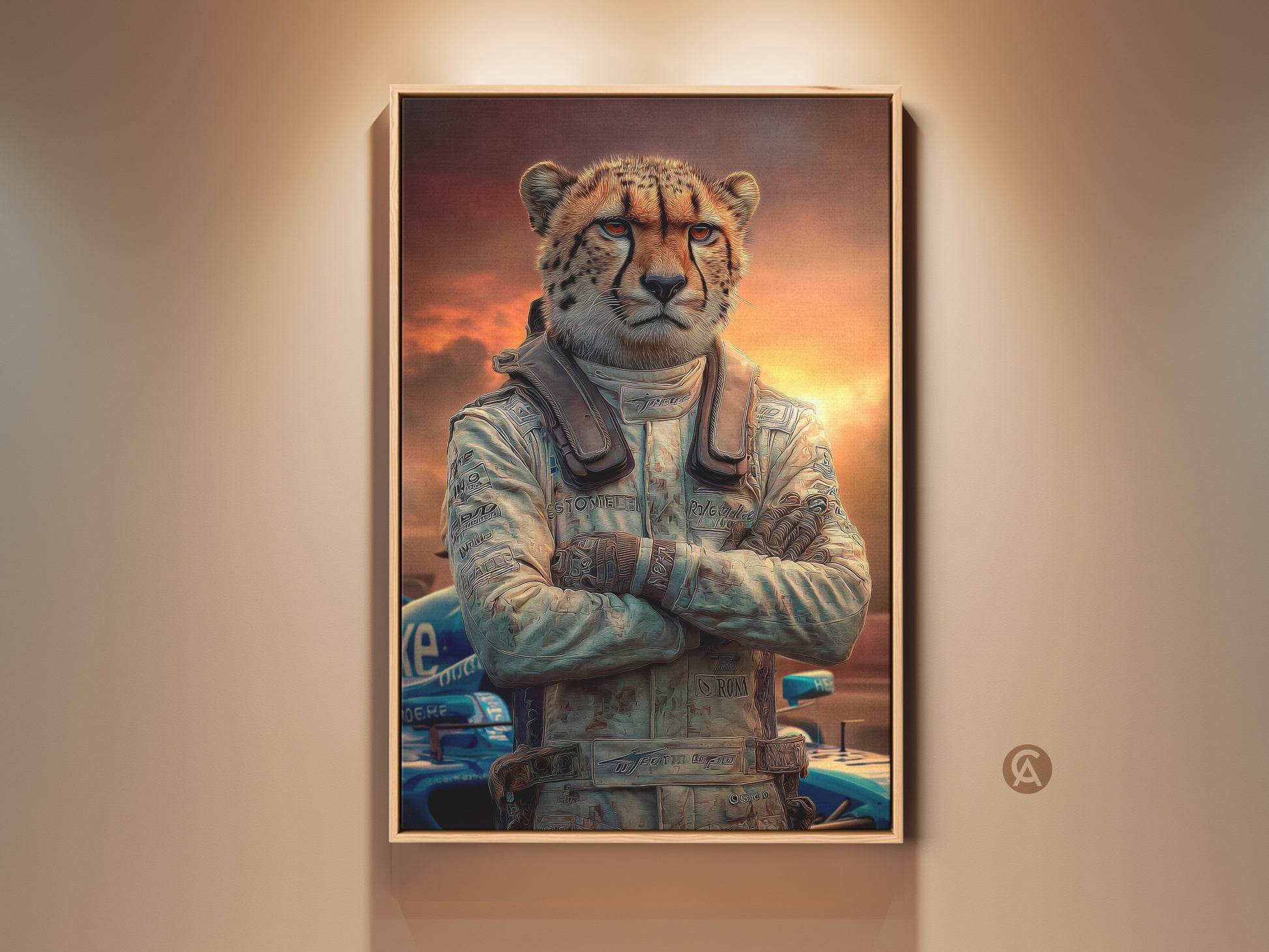 A framed cheetah race car driver artwork is displayed on a neutral wall. This surreal animal artwork showcases an animal in a suit. The cheetah dons a racing suit against a sunset backdrop. It's an F1 fan gift idea and unique eclectic home wall art.