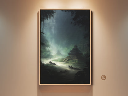 Framed Mystical Jungle Temple Canvas artwork. This emerald and forest green river landscape art is a travel gift for explorers. The canvas is displayed in a warm-toned living space adding an exotic touch to any room. This atmospheric landscape canvas print is perfect for travel enthusiasts.