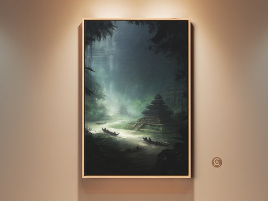 Framed Mystical Jungle Temple Canvas artwork. This emerald and forest green river landscape art is a travel gift for explorers. The canvas is displayed in a warm-toned living space adding an exotic touch to any room. This atmospheric landscape canvas print is perfect for travel enthusiasts.
