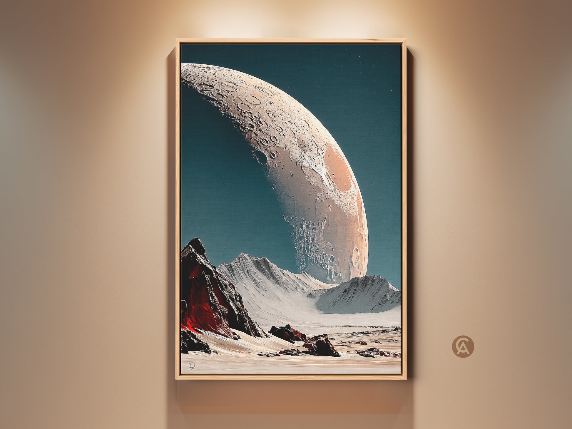Surreal cratered planet art in a wood frame. The artwork features a deep space blue background. A lunar white planet looms over a landscape of snowy mountains. This contemporary canvas art adds cosmic style to any space. A unique gift for sci-fi fans and stargazers.