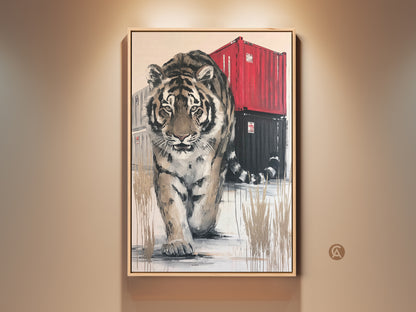 Majestic Tiger Canvas Art Print. Modern artwork showcasing a tiger walking forward. Red shipping containers are stacked behind it. This wildlife wall art adds a contemporary and bold touch to your home decor with an interesting juxtapose