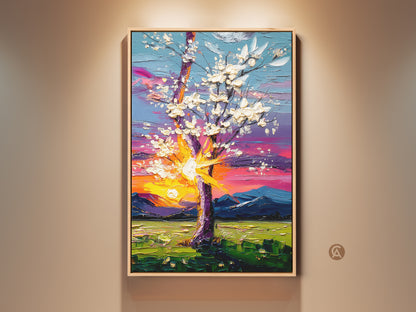 Vibrant impressionistic tree canvas wall artwork. A blooming tree stands against a sunset sky and mountain backdrop. The art is framed in natural wood for an eclectic bedroom or living room. Bring nature indoors with this colorful landscape print.