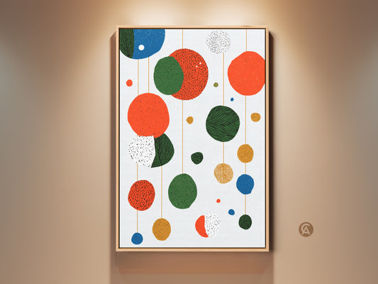 Framed abstract circles wall artwork is displayed. It has mid-century modern geometric canvas art. Its orange blue and green artwork is great for living room and bedroom decor. This piece is a housewarming gift art for modern geometric print lovers.