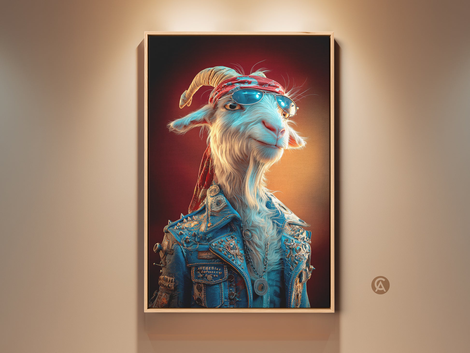 Funny Goat Rockstar Canvas Artwork. This Pop Surrealism animal print features a goat in a blue denim jacket. It's an Eclectic decor piece. A great gift for animal lovers looking for a unique addition to their home or office. The goat wears sunglasses and a bandana adding a playful touch.