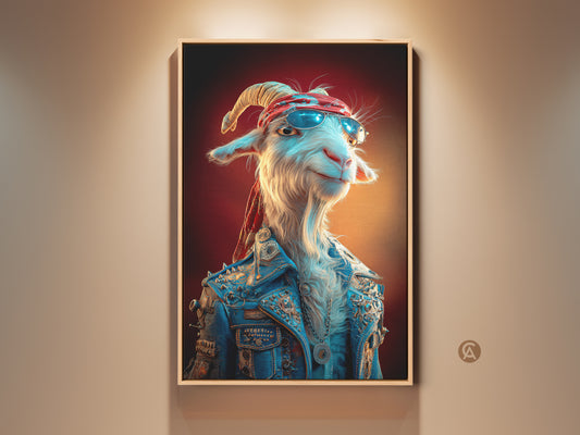 Funny Goat Rockstar Canvas Artwork. This Pop Surrealism animal print features a goat in a blue denim jacket. It's an Eclectic decor piece. A great gift for animal lovers looking for a unique addition to their home or office. The goat wears sunglasses and a bandana adding a playful touch.
