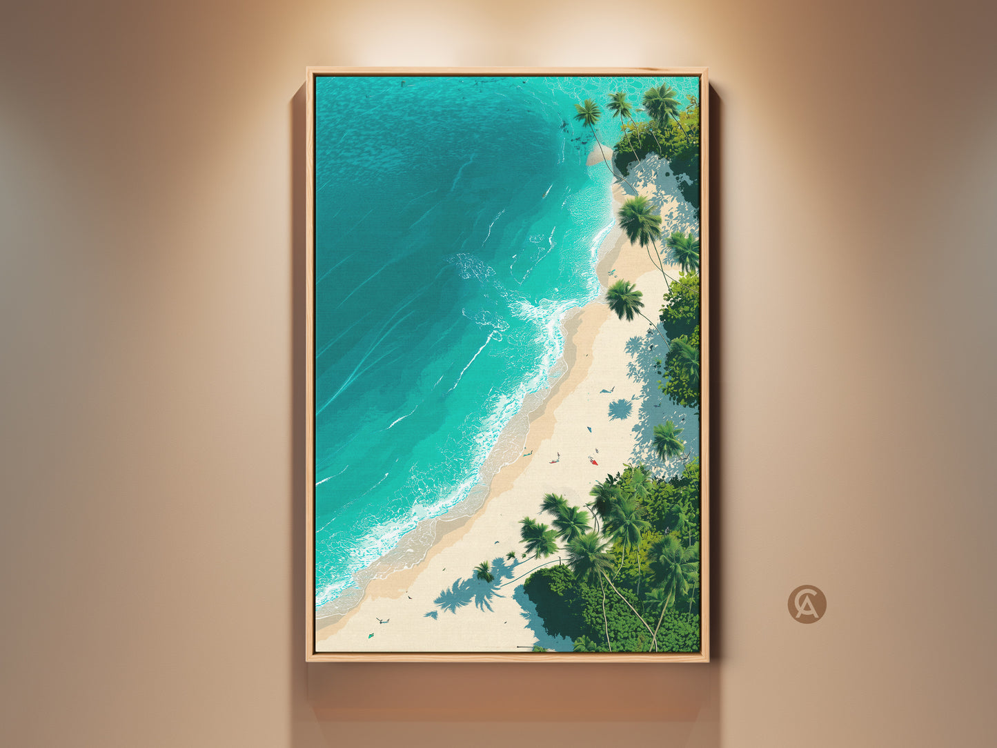 Framed tropical beach art print. Coastal artwork featuring a serene beach scene with turquoise water and palm trees. This wall art adds a touch of paradise to any room. Perfect for beach lovers seeking tropical wall decor.