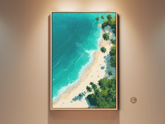 Framed tropical beach art print. Coastal artwork featuring a serene beach scene with turquoise water and palm trees. This wall art adds a touch of paradise to any room. Perfect for beach lovers seeking tropical wall decor.