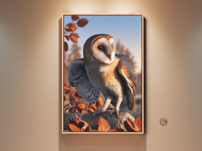 Realistic barn owl art print on canvas. Golden brown rustic nature decor for autumn. A perfect bird watcher gift idea. This wildlife artwork brings nature's beauty to your home. It is a charming piece for any space with light blue accents.