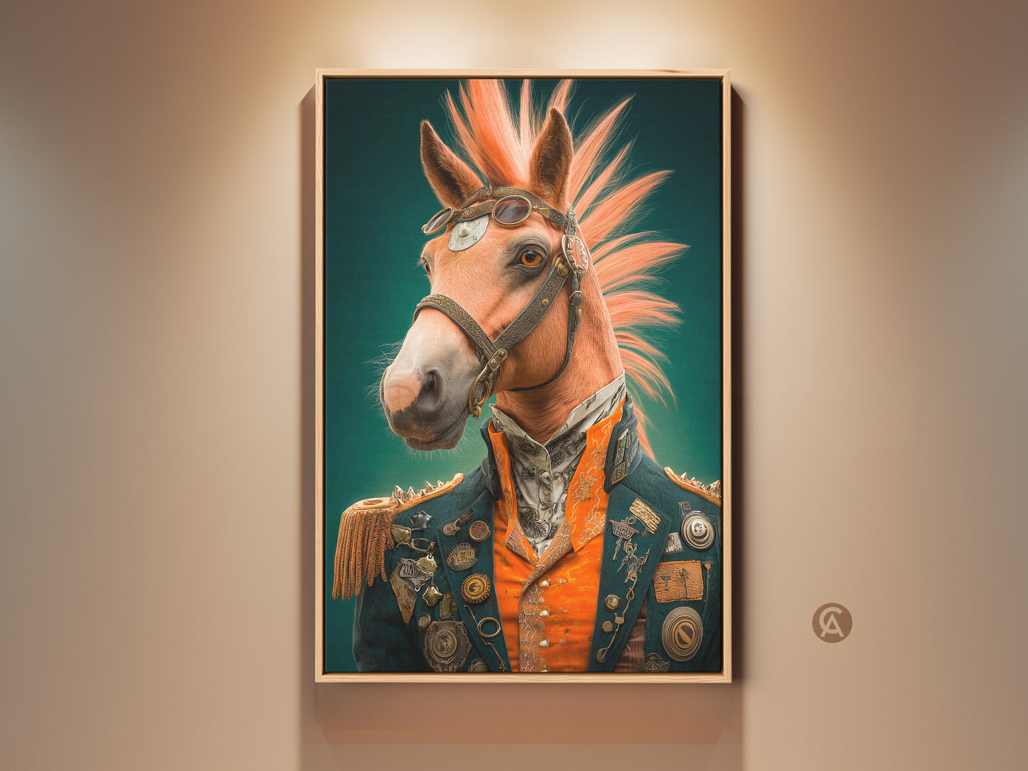 View of a framed Steampunk Horse Portrait Art Print. This Victorian animal wall decor adds an eclectic touch. Perfect for a study or office canvas. It is a unique piece.